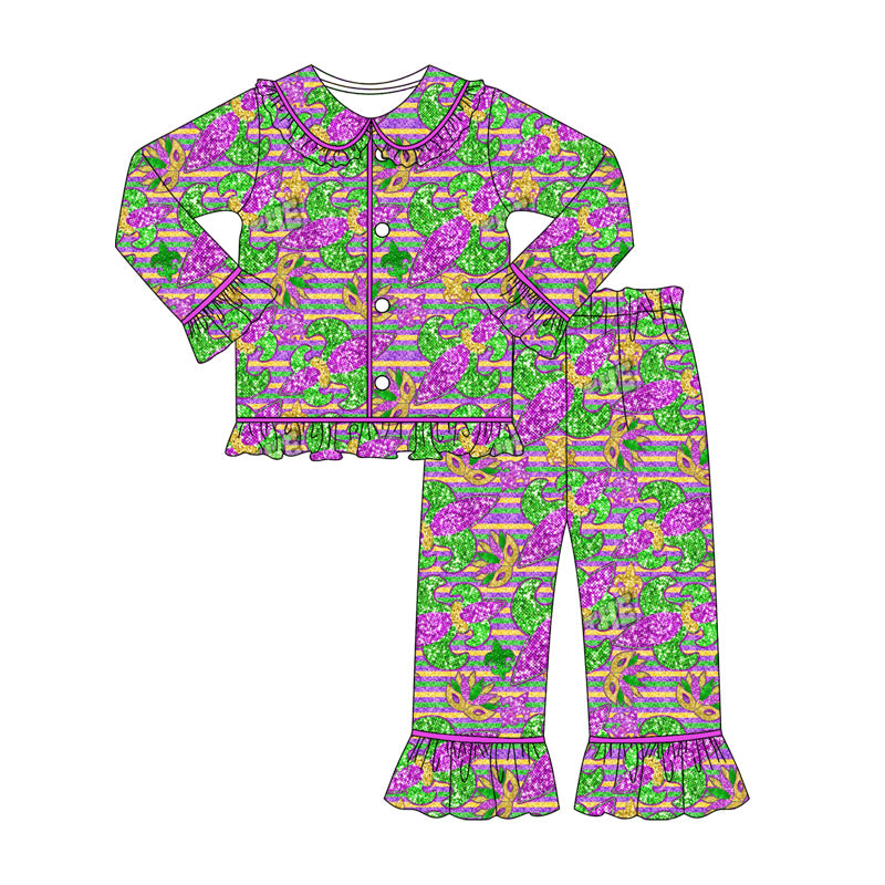 10.3 GLP2950 Pre order No Moq Baby Girls Stripe Anchors Masks Button Top Ruffle Pants Maedigras Pajamas Sets