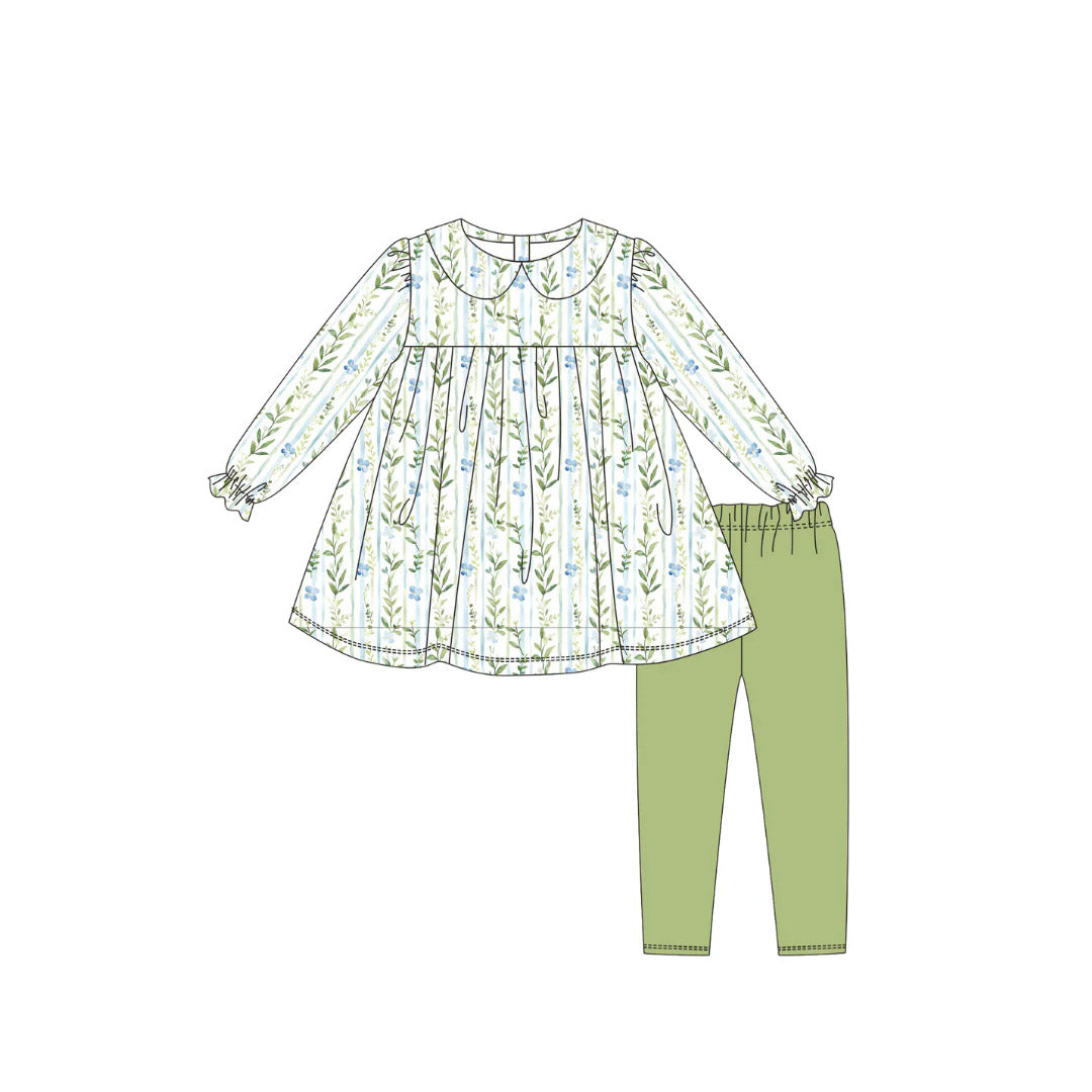 10.3 GLP2952 Pre order No Moq Baby Girls Green Blue Flowers Stripe Tunic Legging Pants Clothes Sets