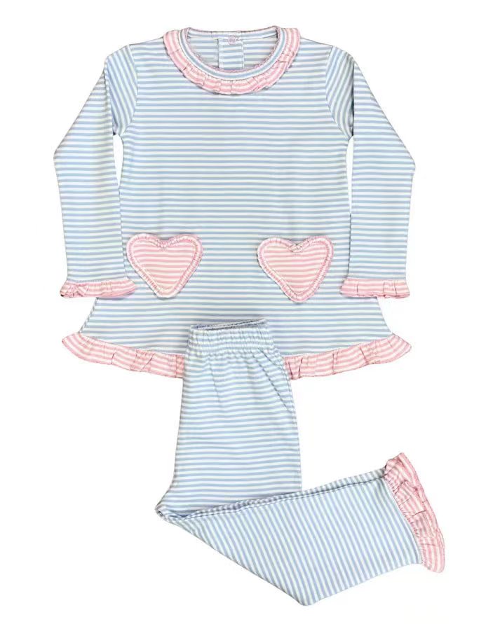 10.4 GLP2958 Pre order No Moq Baby Girls Blue Stripe Hearts Tunic Ruffle Pants Clothes Sets