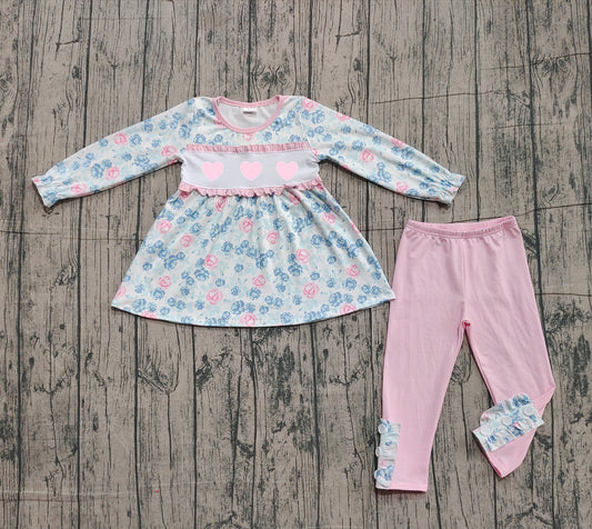 10.29 GLP2975 Sample No Moq Embroidery Hearts Baby Girls Flowers Tunic Leggings Pants Valentine Clothes Sets
