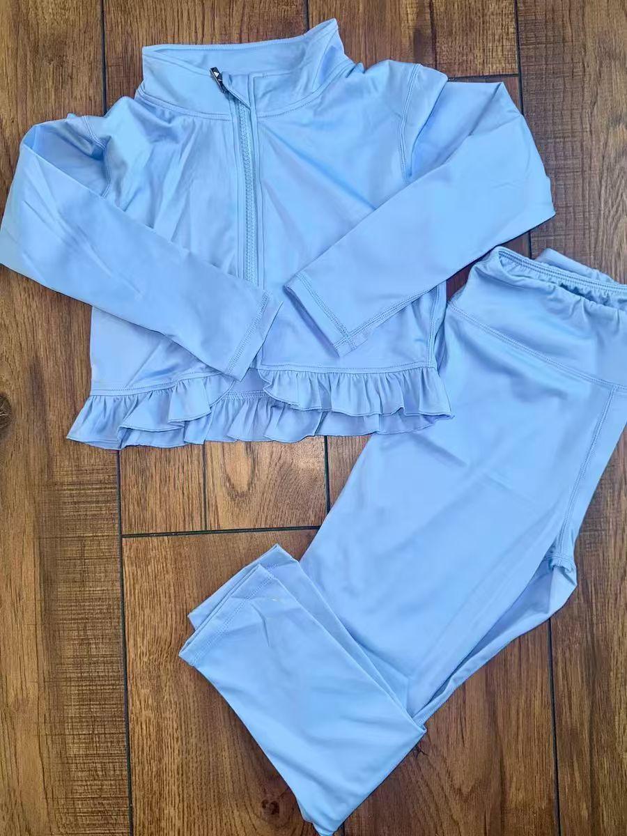 10.10 GLP2977 Pre order No Moq Yoga fabric Baby Girls Blue Long Sleeve Zipper Jacket Leggings Yoga Clothes Sets
