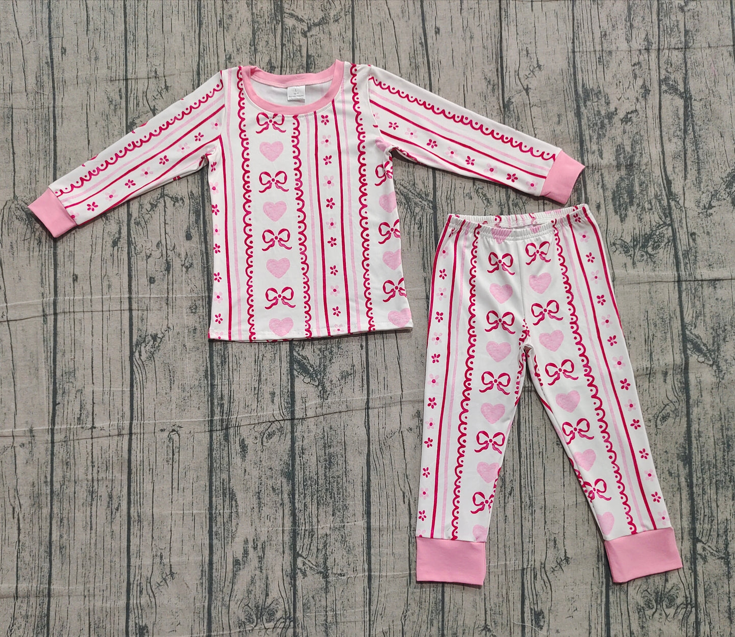10.20 GLP2984 Sample No Moq Baby Girls Pink Bows Hearts Stripe Top Pant Valentine Pajamas Sets