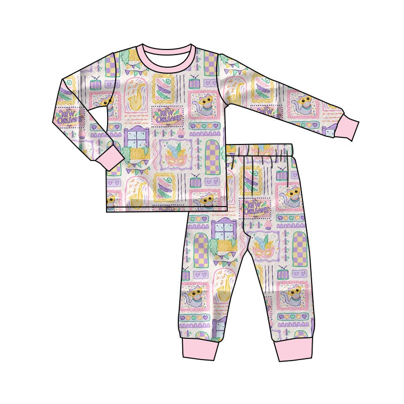 10.13 GLP2986 Pre order No Moq Baby Girls Mardigras Anchors Masks Checked Top Pant Pajamas Sets