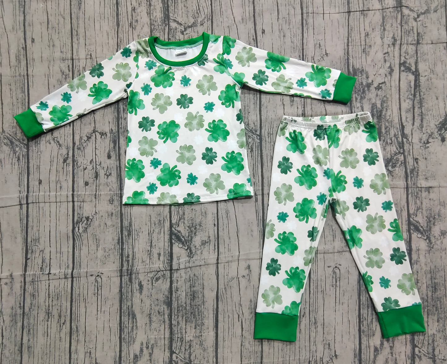 11.13 GLP2988 Sample No Moq Baby Girls Green Clovers Top Pant St Patrick Pajamas Sets