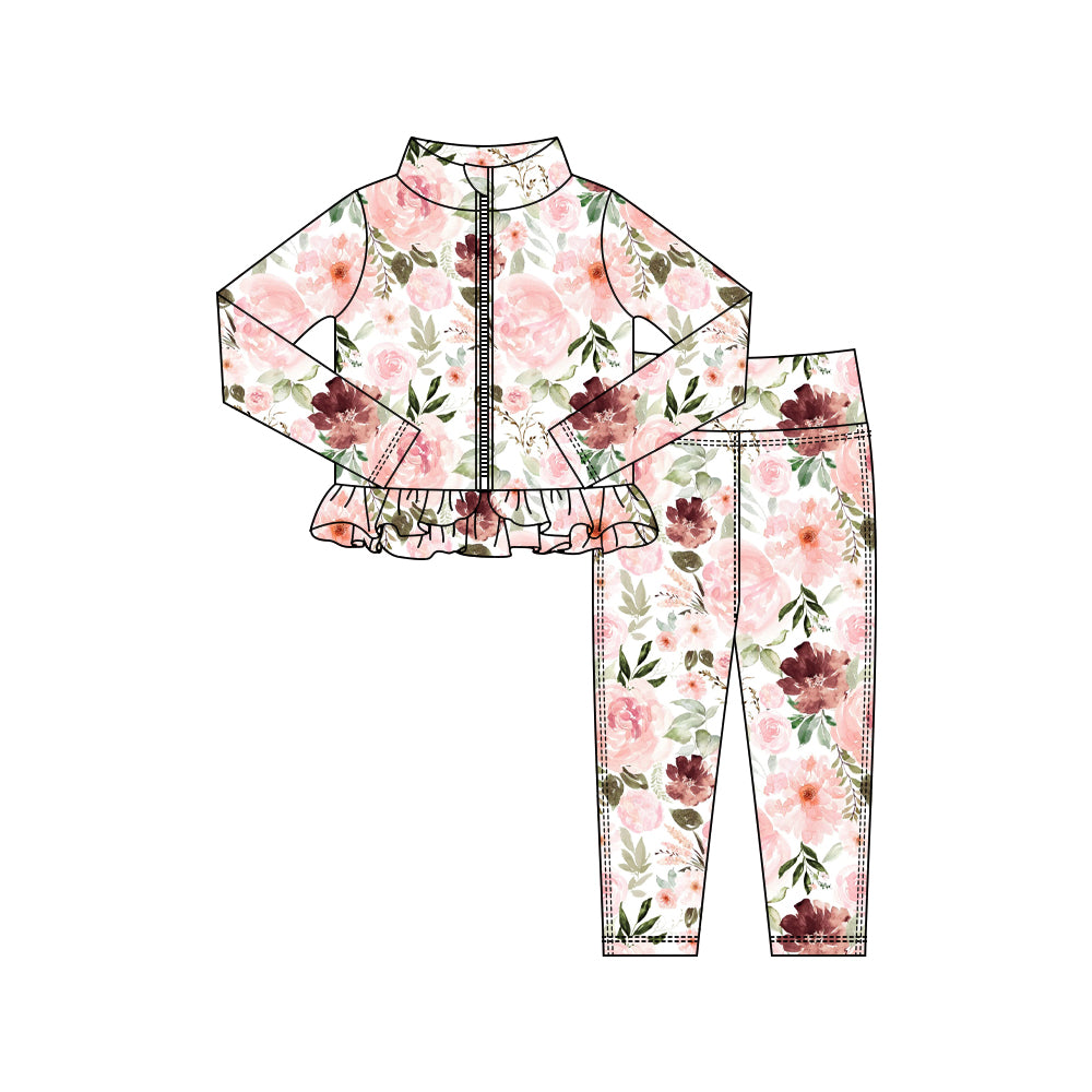 10.16 GLP2997 Pre order No Moq Yoga fabric Baby Girls Pink Flowers Zipper Jackets Ruffle Top Leggings Yoga Clothes Sets