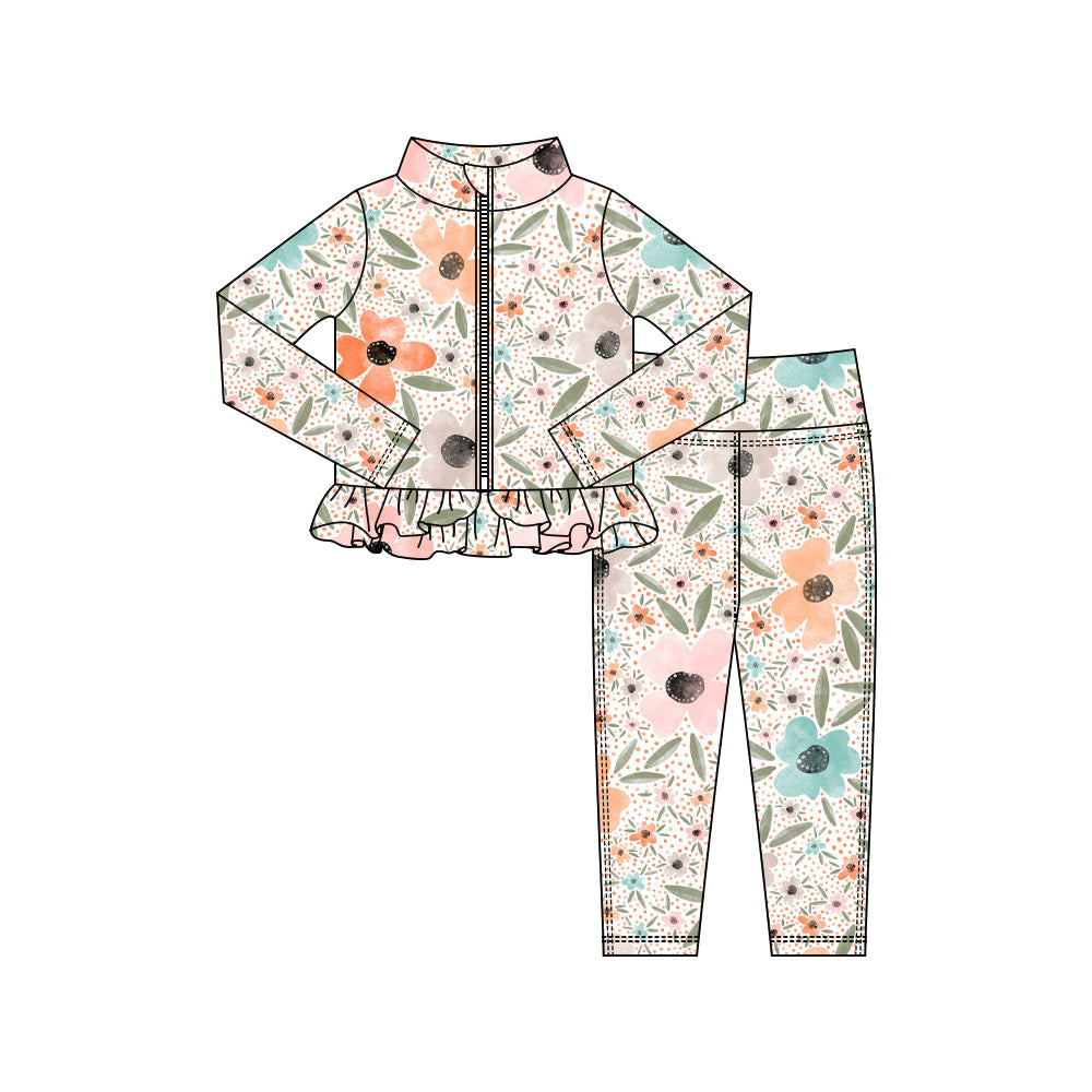 10.16 GLP3004 Pre order No Moq Yoga fabric Baby Girls Pink Blue Flowers Zipper Jackets Ruffle Top Leggings Yoga Clothes Sets