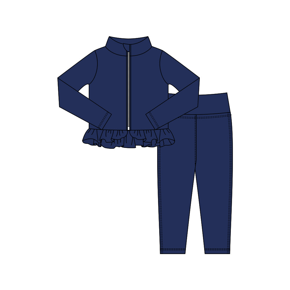 10.16 GLP3007 Pre order No Moq Yoga fabric Baby Girls Navy Zipper Jackets Ruffle Top Leggings Yoga Clothes Sets
