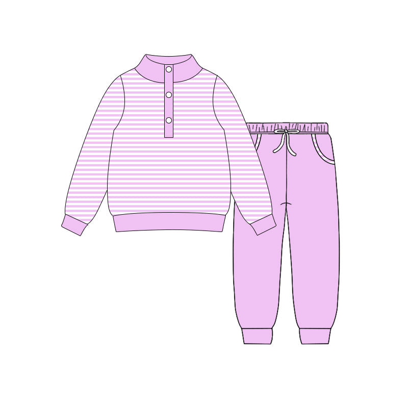 10.18 GLP3021 Pre order No Moq Baby Girls Pink Stripe Button Top Pockets Jogger Clothes Sets