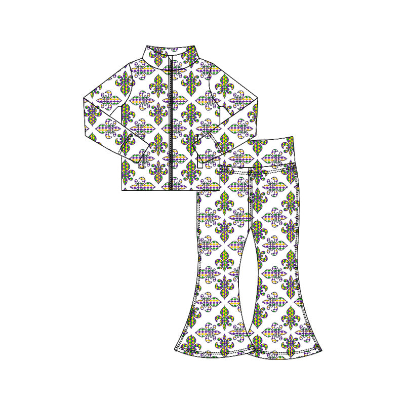 10.18 GLP3025 Pre order No Moq Yoga fabric Baby Girls Mardigras Anchors Plaid Zipper Jacket Bell Bottom Pants Yoga Clothes Sets