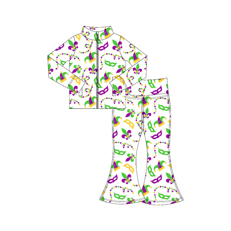 10.18 GLP3026 Pre order No Moq Yoga fabric Baby Girls Mardigras Anchors Masks Zipper Jacket Bell Bottom Pants Yoga Clothes Sets