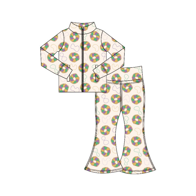 10.18 GLP3028 Pre order No Moq Yoga fabric Baby Girls Mardigras Donuts Lights Zipper Jacket Bell Bottom Pants Yoga Clothes Sets