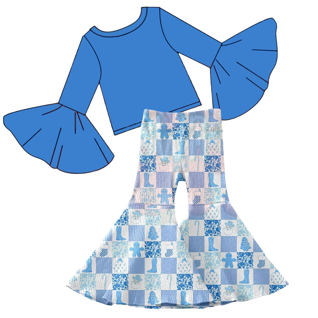 10.20 GLP3037 Pre order No Moq Baby Girls Blue Top Santa Gingerbread Bell Bottom Pant Christmas Clothes Set