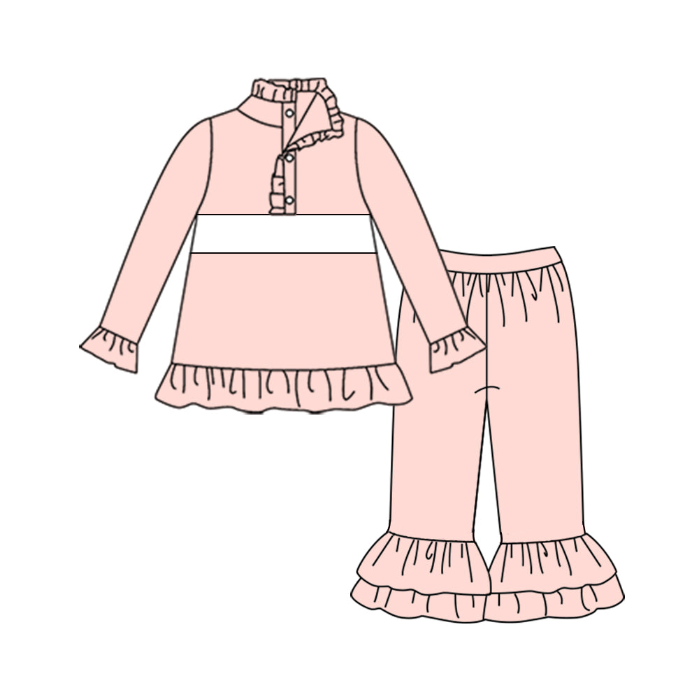 10.27 GLP3061 Pre order No Moq Baby Girls Pink Button Ruffle Pullovers Top Pants Clothes Sets