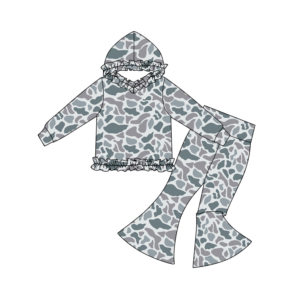 10.30 GLP3076 Pre order No Moq Baby Girls Grey Camo Ruffle Hoodies Bell Bottom Pants Southern Clothes Sets