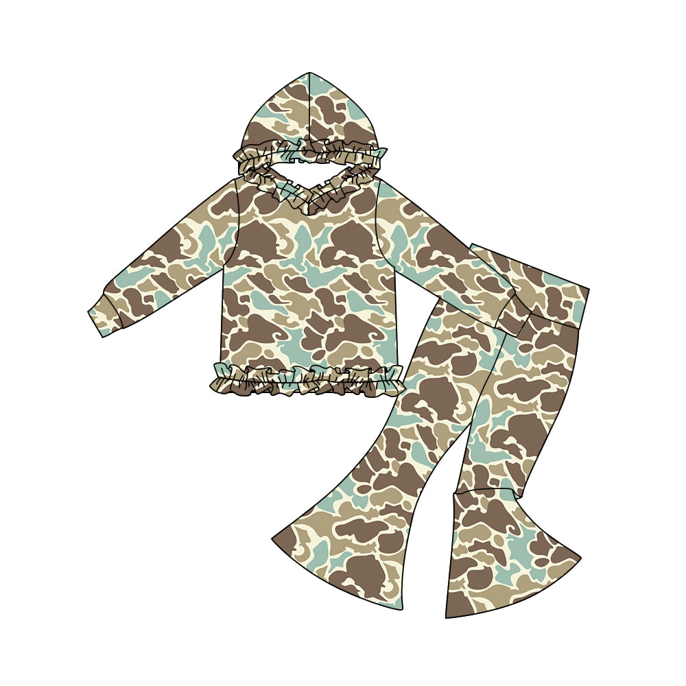 10.30 GLP3077 Pre order No Moq Baby Girls Grey Khaki Camo Ruffle Hoodies Bell Bottom Pants Southern Clothes Sets