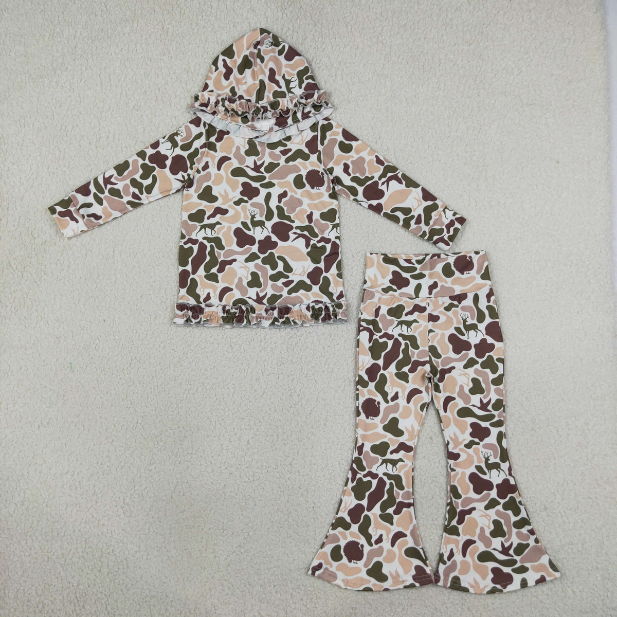 RTS NO MOQ (In stock)milk silk GLP3079 Baby Girls Ducks Deer Camo Ruffle Hoodies Bell Bottom Pants Hunting Clothes Sets