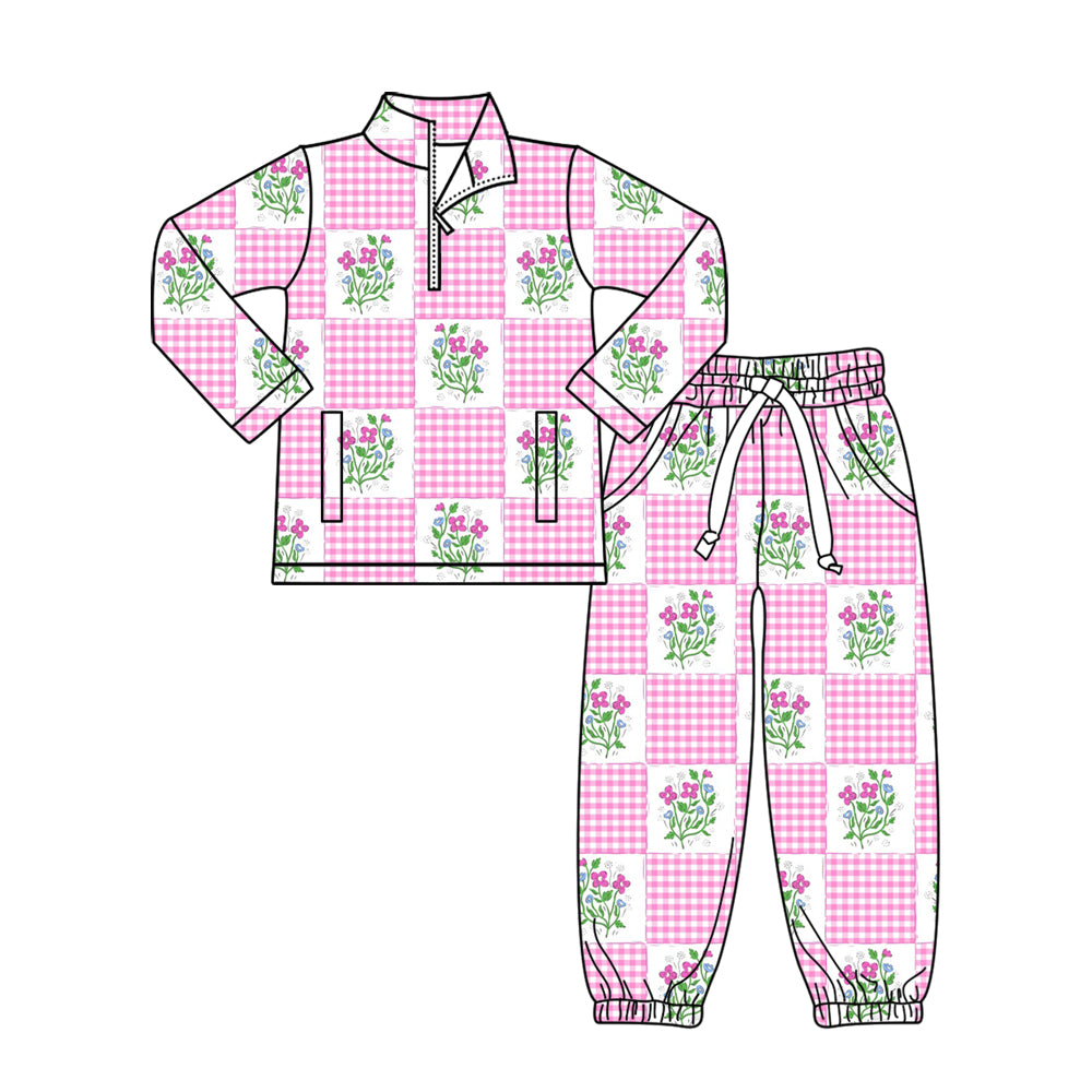 11.3 GLP3090 Pre order No Moq Baby Girls Pink Flowers Checked Zipper Pockets Pullovers Jogger Clothes Sets