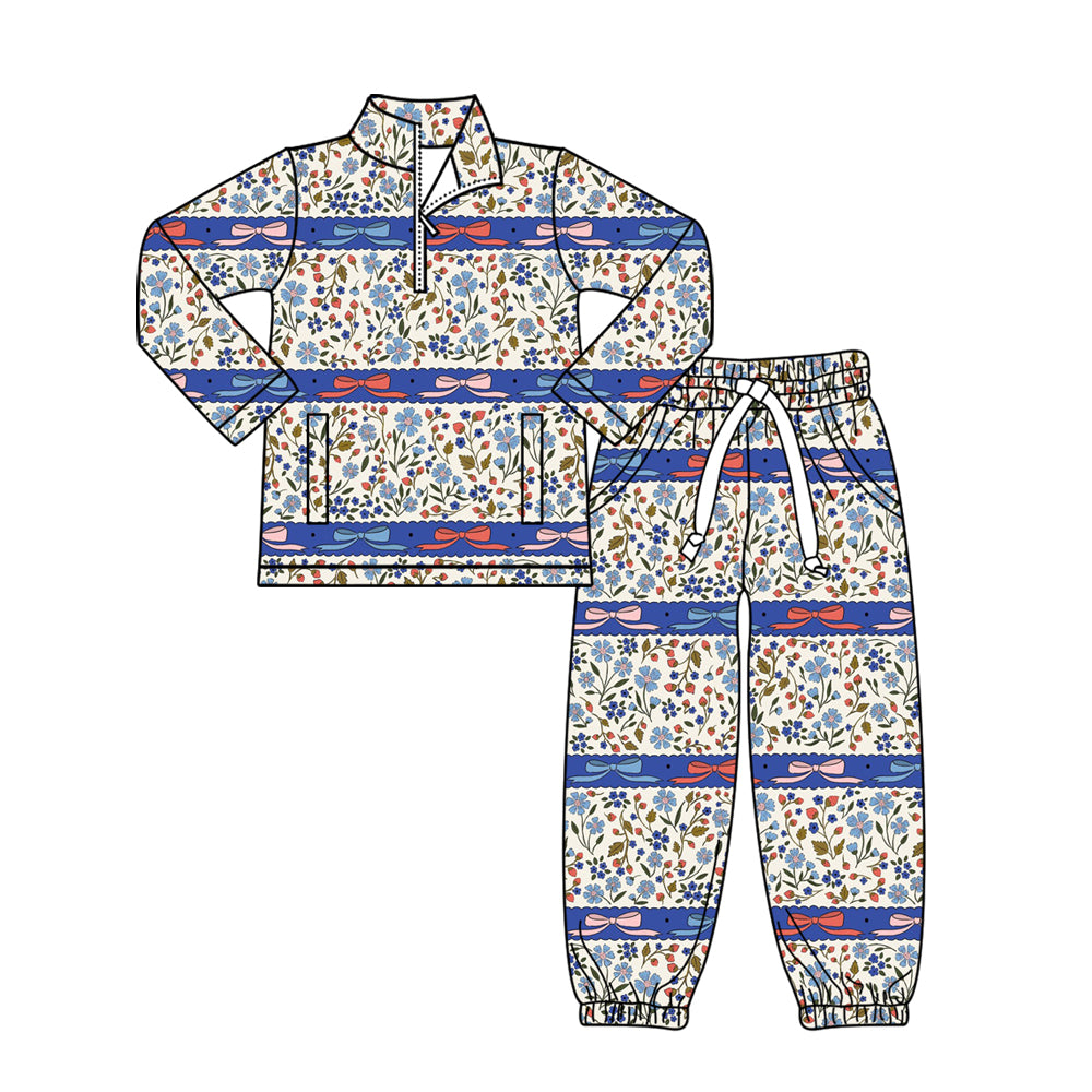 11.3 GLP3093 Pre order No Moq Baby Girls Floral Bows Stripe Zipper Pockets Pullovers Jogger Clothes Sets