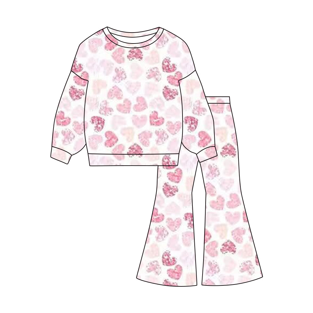 11.3 GLP3096 Pre order No Moq Baby Girls Pink Tie-dye Hearts Top Flare Pants Valentine Clothes Sets
