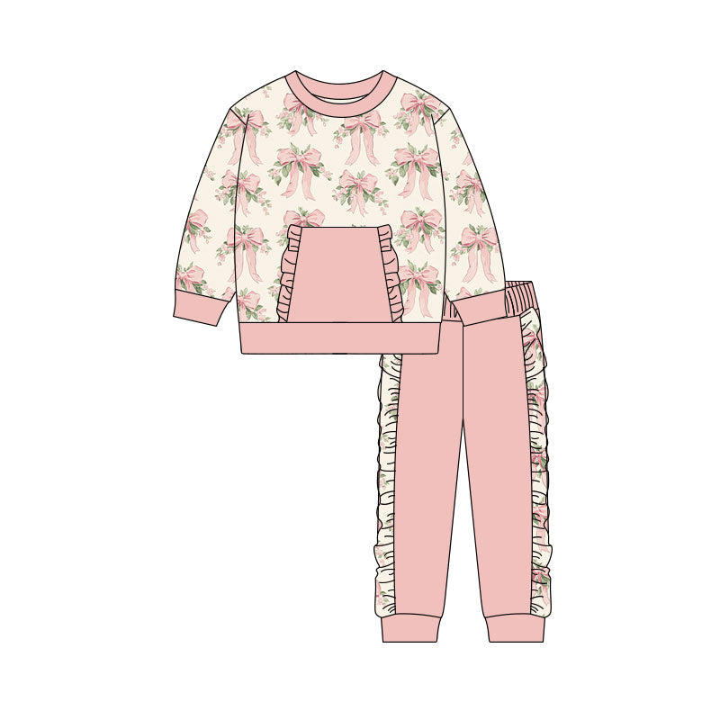 11.3 GLP3105 Pre order No Moq Baby Girls Pink Bows Flowers Pocket Top Ruffle Pants Clothes Sets