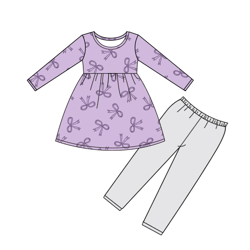 11.4 GLP3107 Pre order No Moq Baby Girls Lavender Bows Plaid Tunic Leggings Pants Clothes Sets