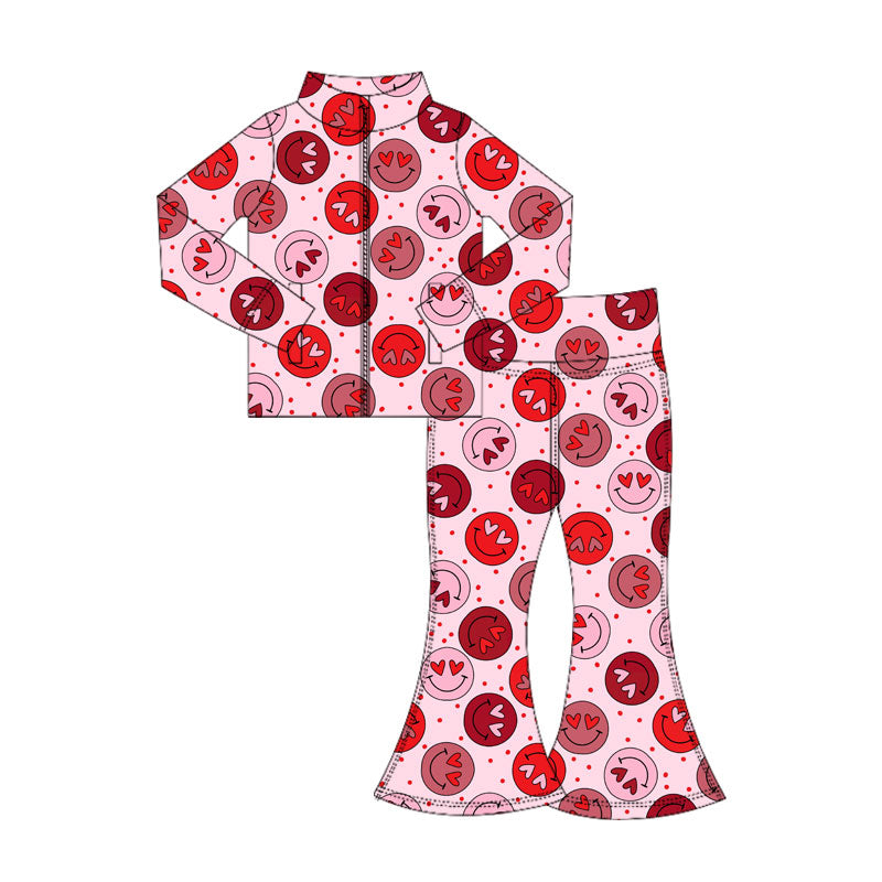 11.4 GLP3108 Pre order No Moq Yoga fabric Baby Girls Heart Smiles Zipper Pockets Jacket Bell Bottom Yoga Valentine Clothes Sets