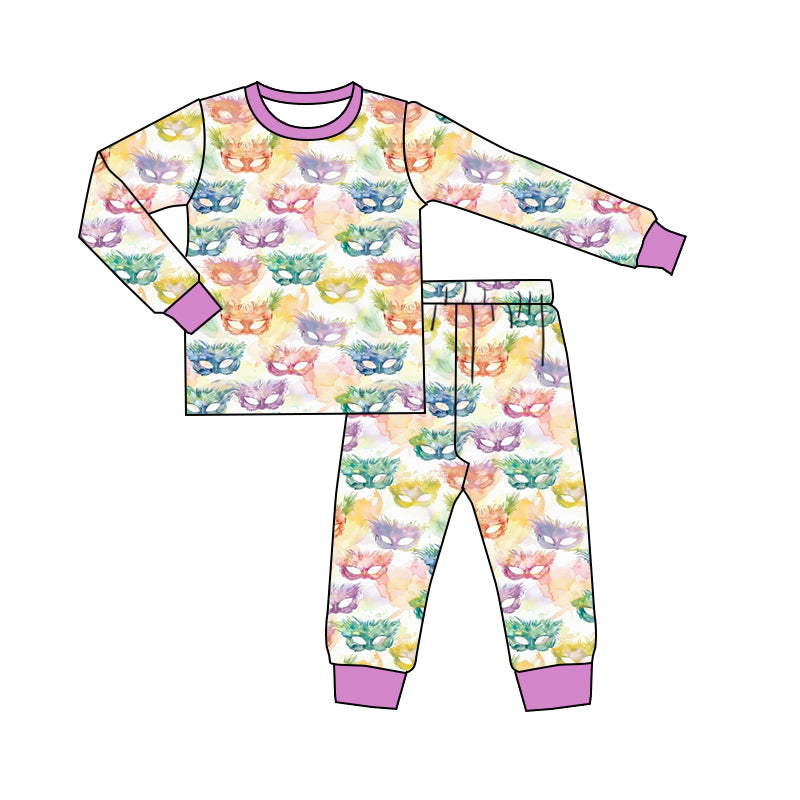 11.4 GLP3114 Pre order No Moq Baby Girls Colorful Masks Top Pants Mardigras Pajamas Sets