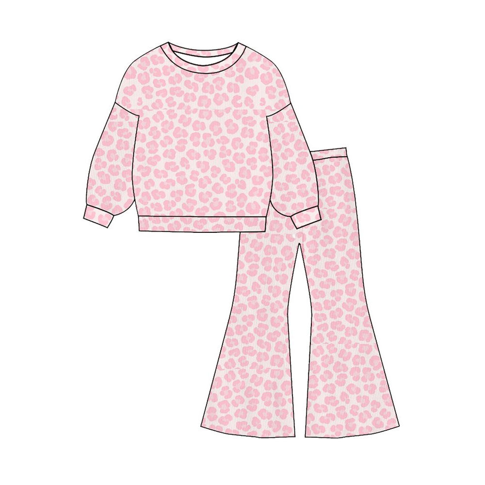 11.11 GLP3138 Pre order No Moq Baby Girls Pink Leopard Top Flare Bottom Pants Clothes Sets