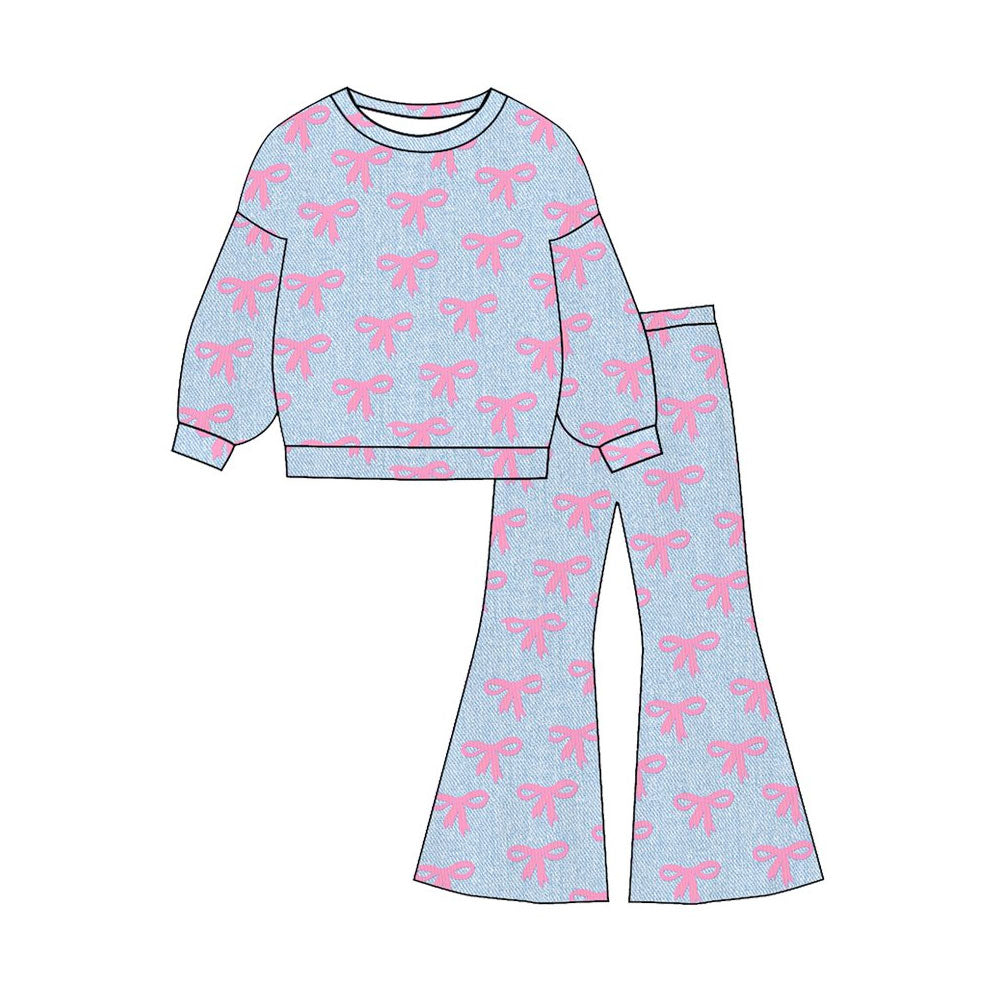 11.11 GLP3140 Pre order No Moq Baby Girls Bows Plaid Top Flare Bottom Pants Valentines Clothes Sets