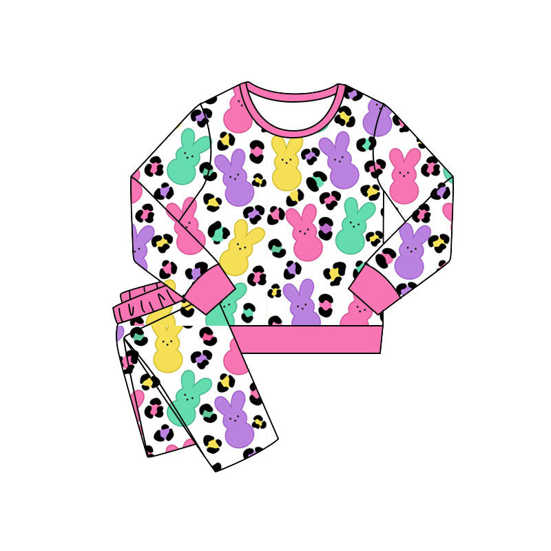 11.11 GLP3141 Pre order No Moq Baby Girls Colorful Rabbits Leopard Top Pants Easter Pajamas Sets