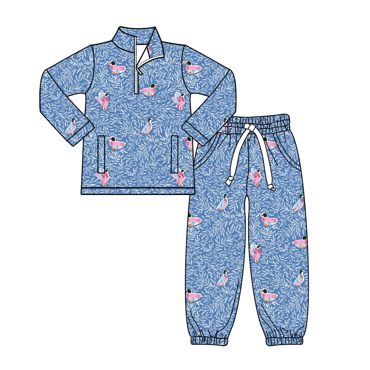 11.11 GLP3147 Pre order No Moq Baby Girls Ducks Zipper Pockets Pullovers Joggers Clothes Sets