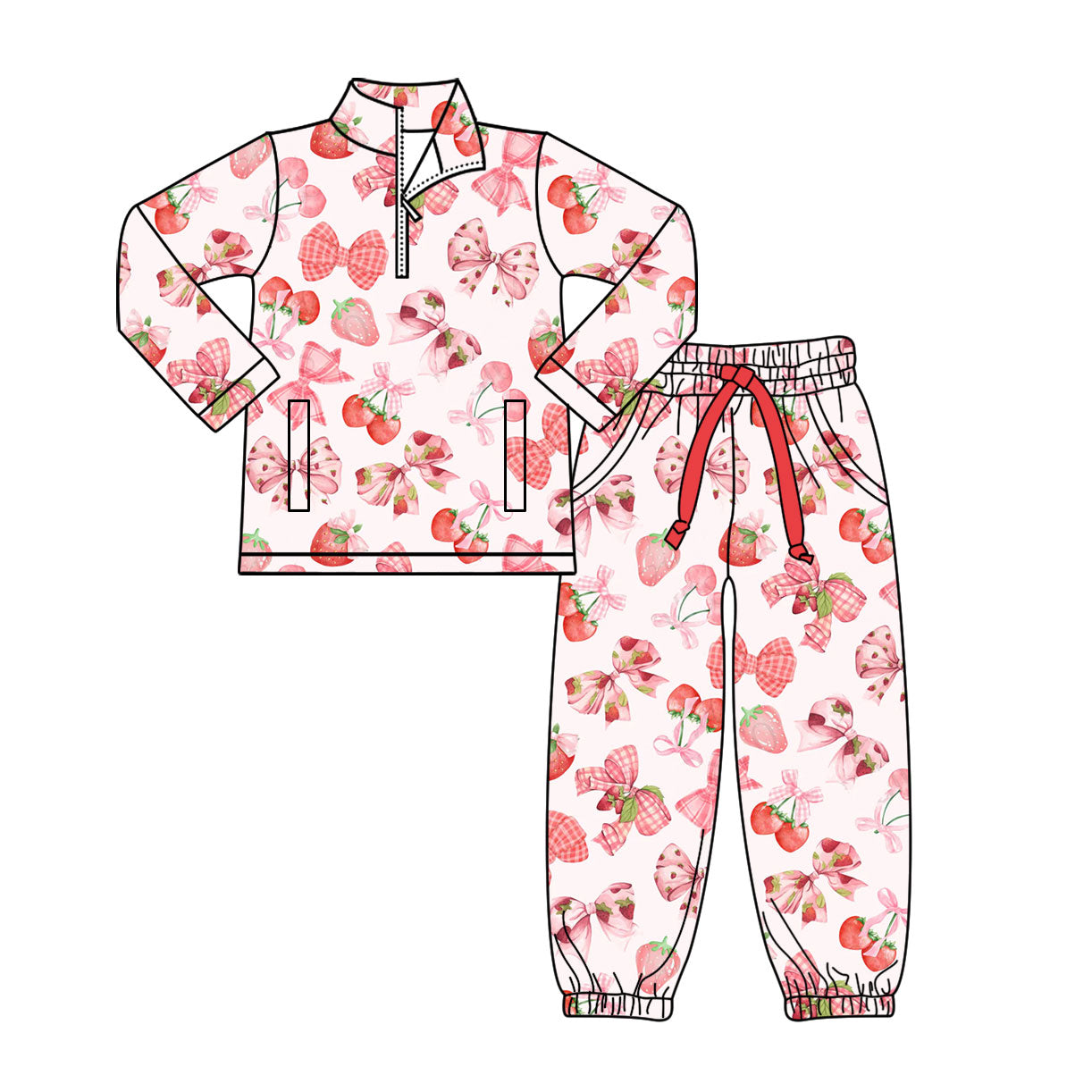 11.11 GLP3151 Pre order No Moq Baby Girls Bows Strawberry Zipper Pockets Pullovers Joggers Clothes Sets