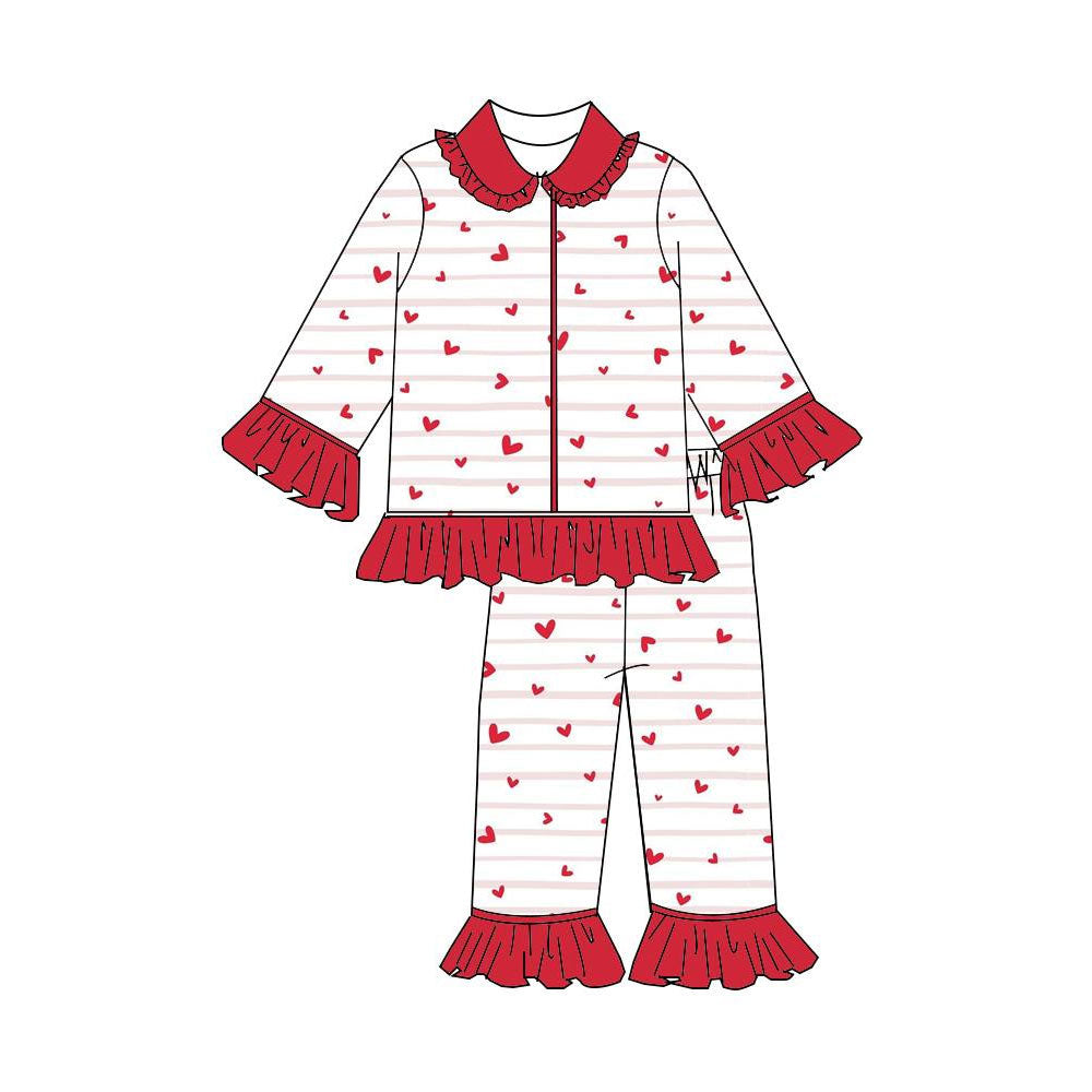 11.11 GLP3153 Pre order No Moq Baby Girls Hearts Stripes Button Ruffle Pants Valentines Pajamas Sets