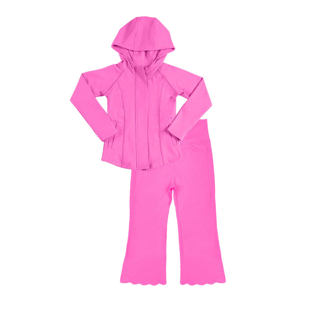 11.12 GLP3158 Pre order No Moq Yoga fabric Baby Girls Pink Pockets Zipper Hoodies Jackets Flare Pants Yoga Clothes Sets