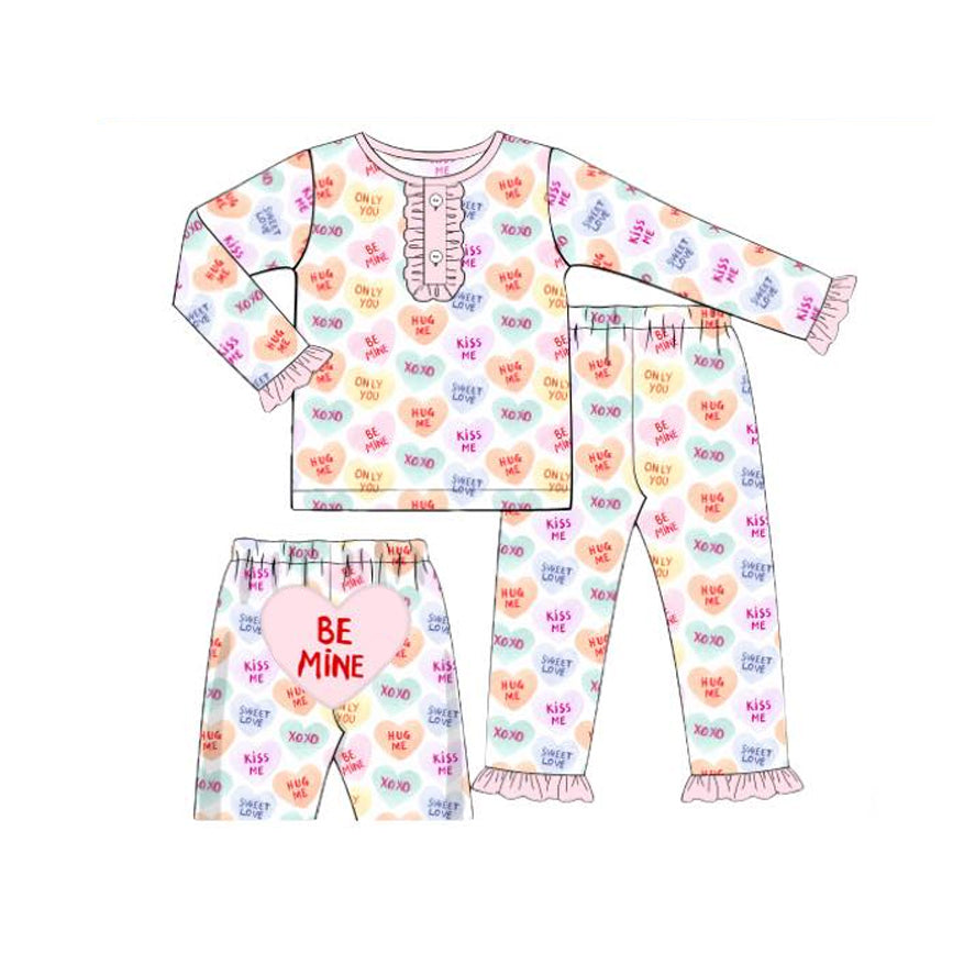 11.12 GLP3159 Pre order No Moq Baby Girls Hearts XOXO Button Ruffle Pants Valentines Pajamas Sets