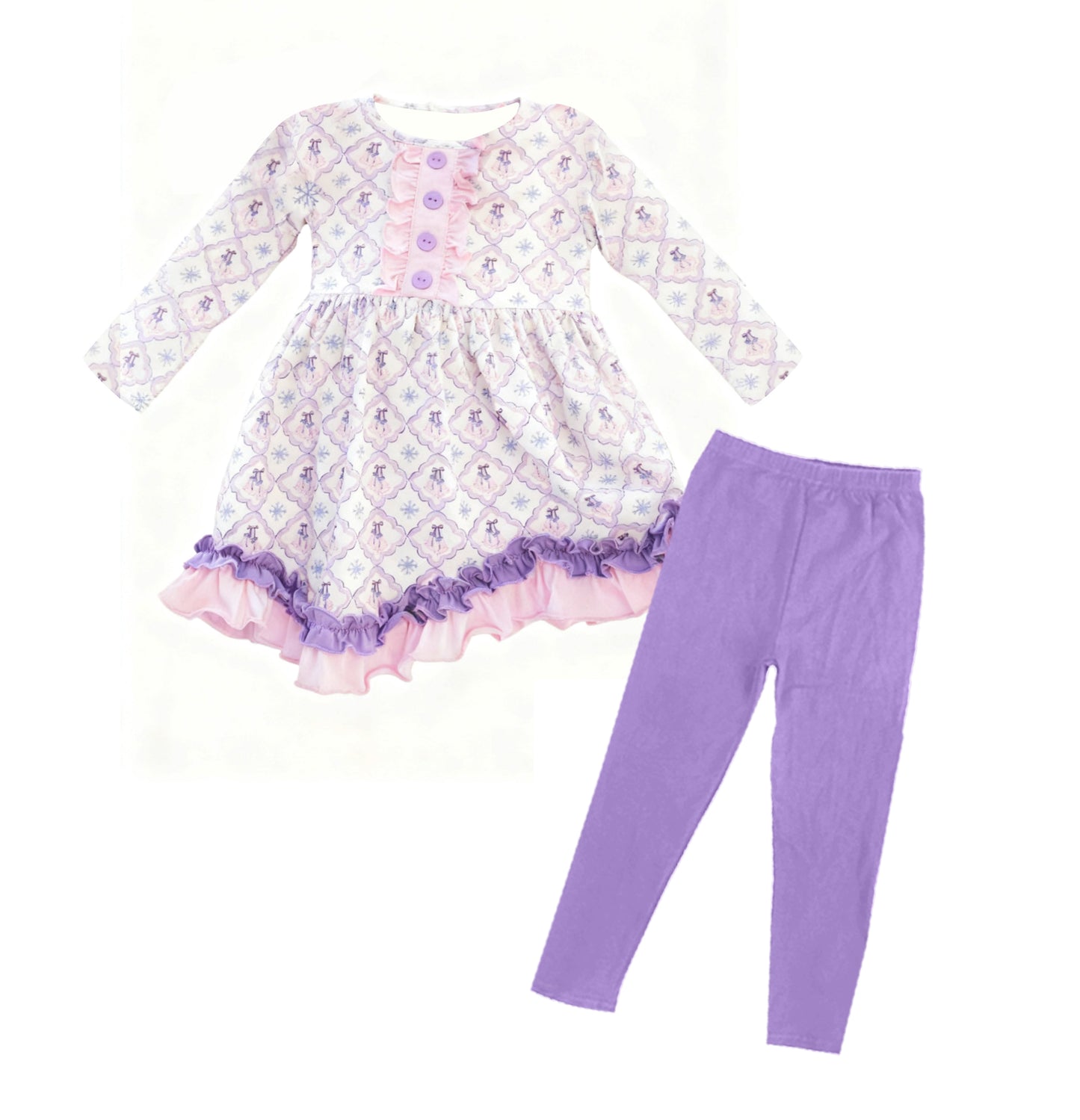 11.19 GLP3181 Pre order No Moq Baby Girls Lavender Flowers Checked Button Tunic Leggings Clothes Sets