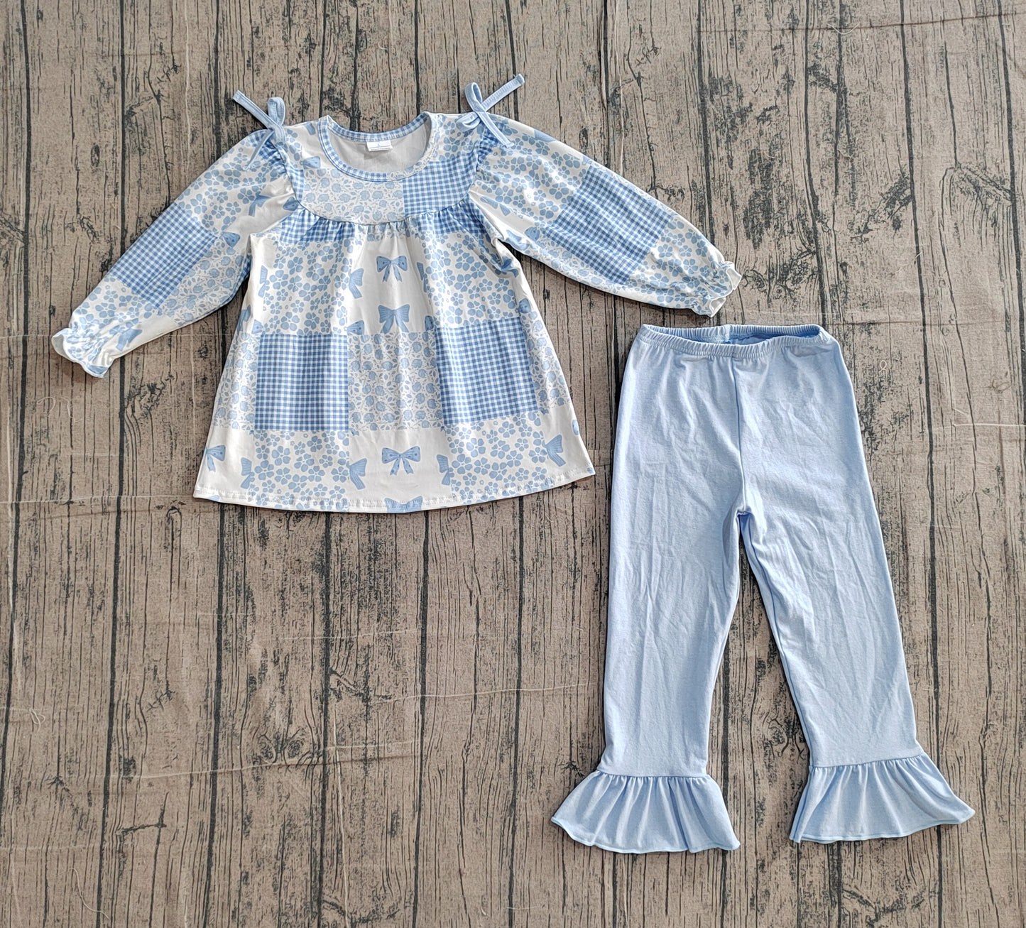 3.10 GLP3197 Sample No Moq Baby Girls Light Blue Bow Flowers Long Sleeve Top Ruffle Pants Clothes Sets
