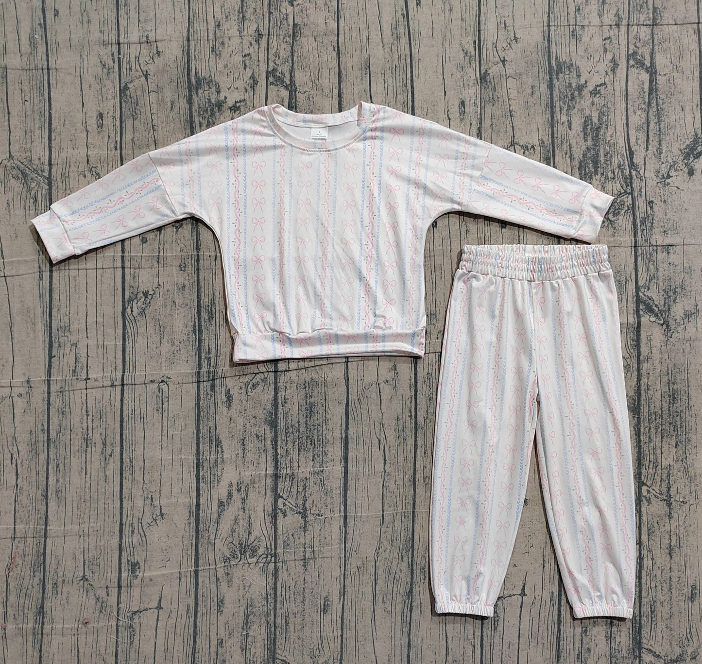 1.15 GLP3238 Sample No Moq Baby Girls Bows Flowers Stripe Top Jogger Pants Clothes Sets