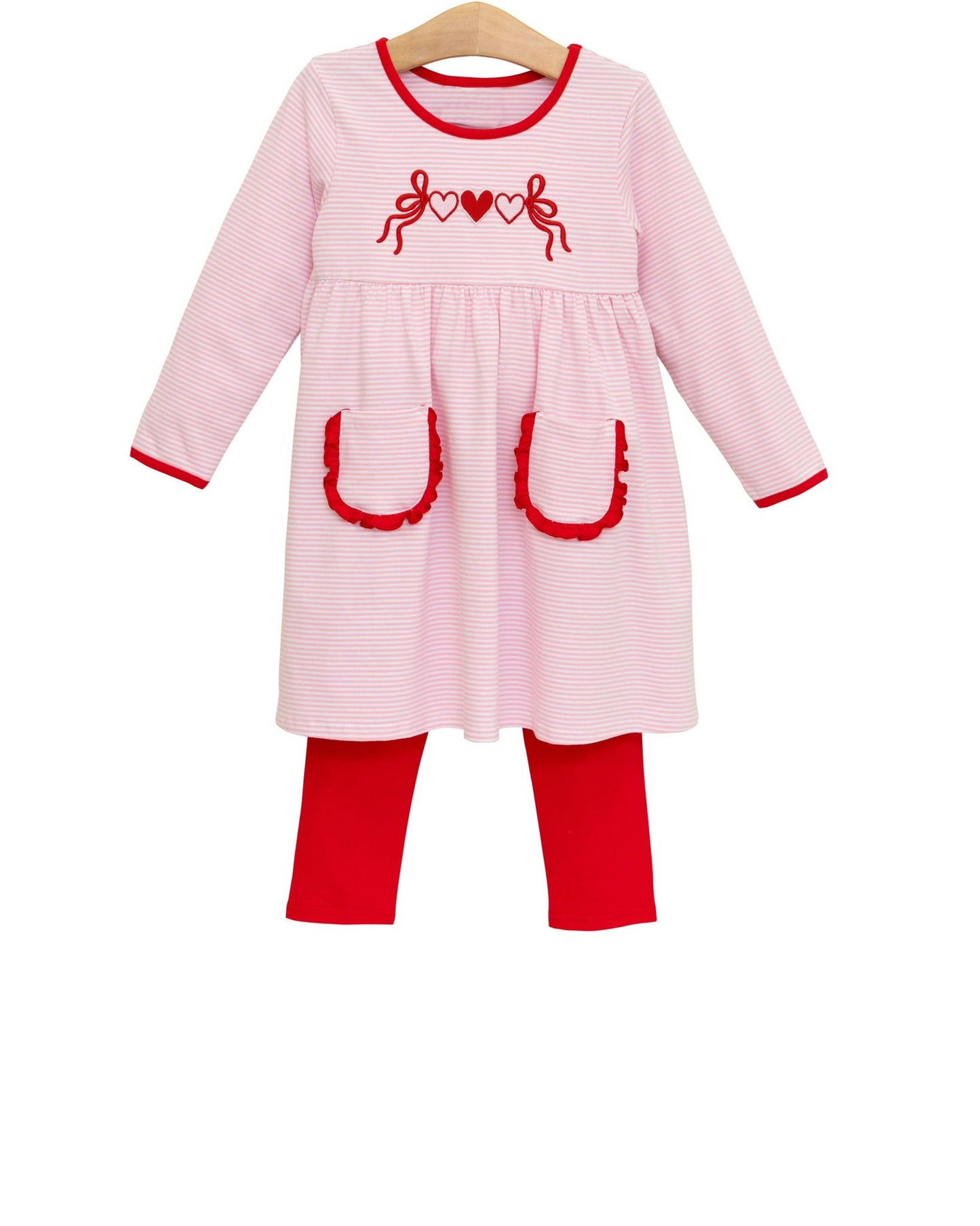 12.5 GLP3261 Pre order No Moq Baby Girls Pink Stripe Heart Bows Pockets Tunic Leggings Valentines Clothes Sets