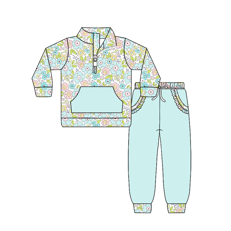 12.11 GLP3278 Pre order No Moq Baby Girls Colorful Flowers Zip Pocket Pullovers Jogger Pants Clothes Sets