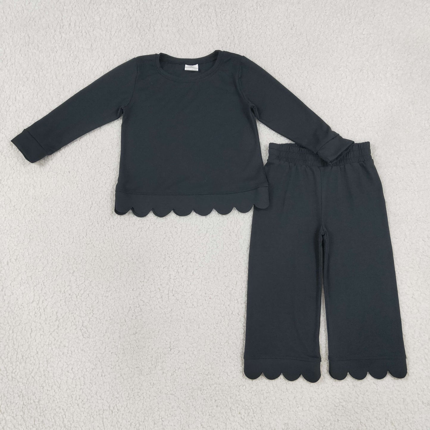 GLP3290 RTS NO MOQ (In stock)cotton Baby Girls Black Scallop Trim Long Sleeve Top And Pants Pajama Set