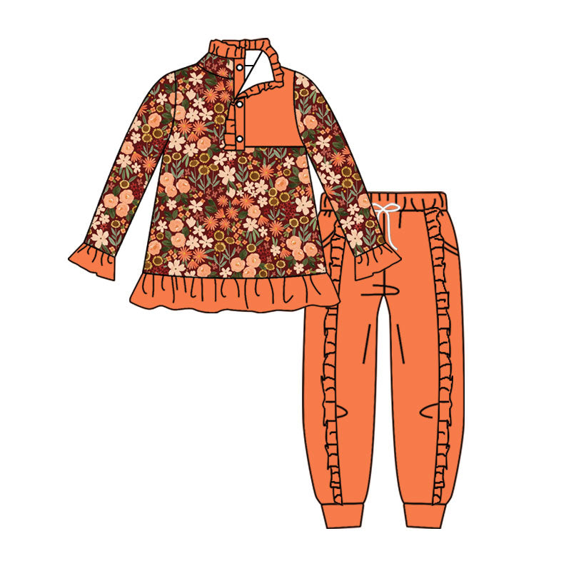 4.17 Pre order No Moq Baby Girls Colorful Flowers Button Ruffle Pullover Top Jogger Hunting Clothes Sets