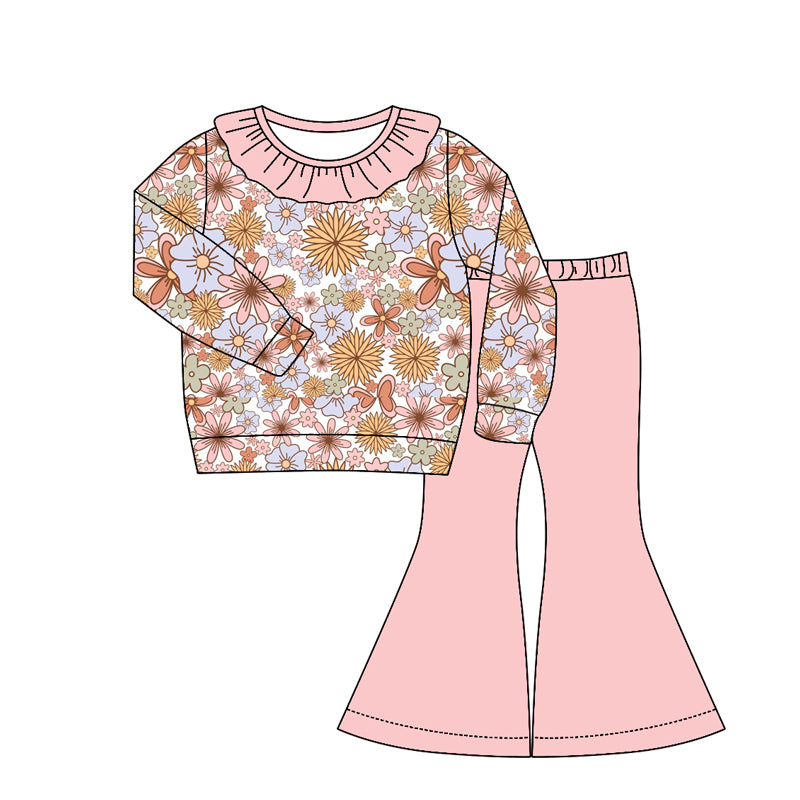 4.22 Pre order No Moq Baby Girls Casual Fall Clothing Set Flower Pumpkin Top Bell Bottom Pants With Bows