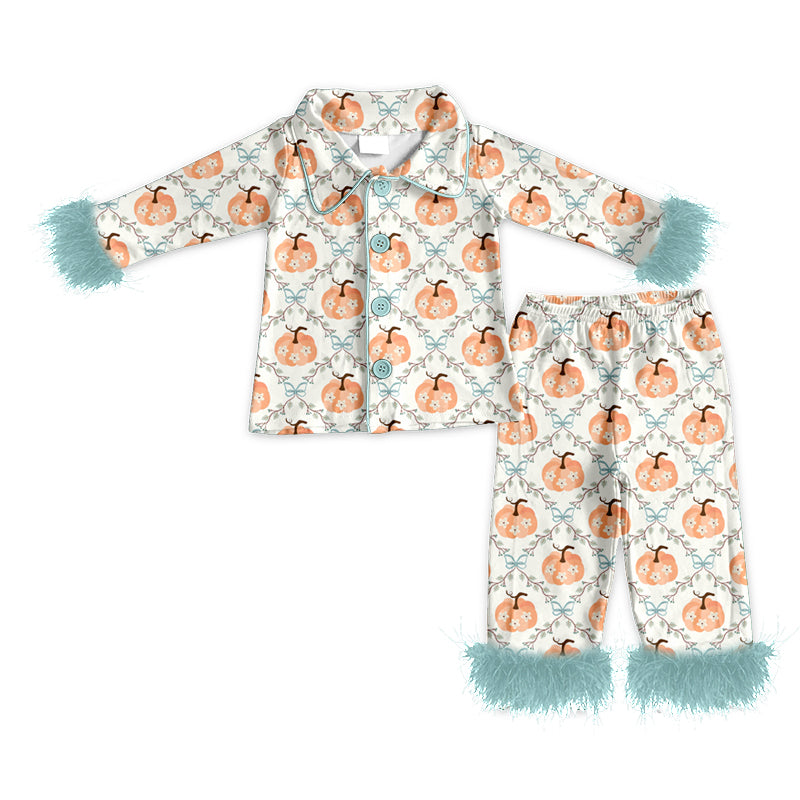4.24 Pre order No Moq Baby Girls Pumpkin Print Two Piece Pajama With Fur Cuffs