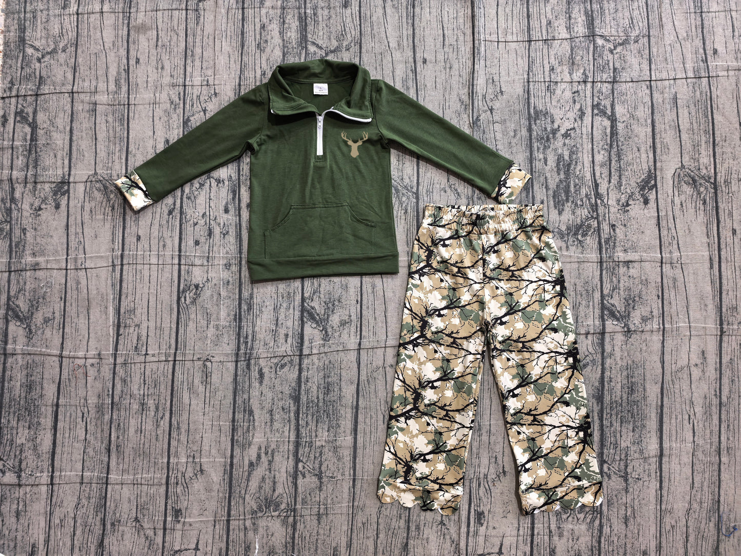 6.11 GLP3369(GT1694+P1035)Sample No Moq Embroidery Baby Girls Green Deer Embroidery Zip Pocket Top Scallop Full Length Pants Casual Outfit Sets