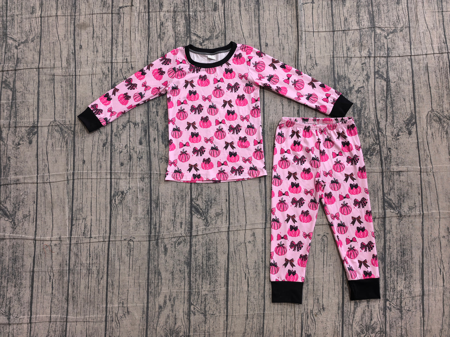 6.11 GLP3375 Sample No Moq Embroidery Baby Girls Pink Bow Pumpkin Print Long Sleeve Top Elastic Waist Long Pants Two Piece Fall Pajamas Sleepwear Sets