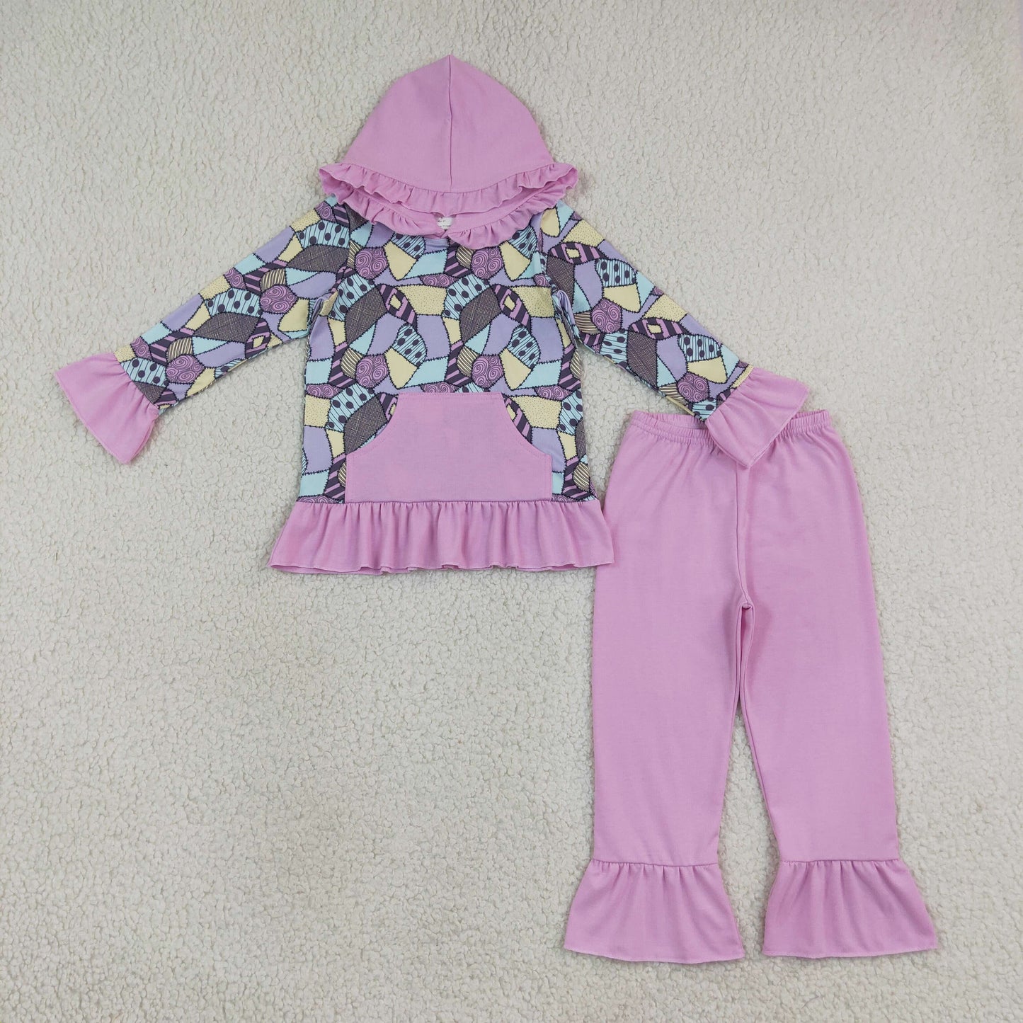 GLP3381 RTS NO MOQ (In stock)milk silk Baby Girls Halloween Patchwork Print Pocket Hoodie Long Sleeve Top Ruffle Pant Outfit Set