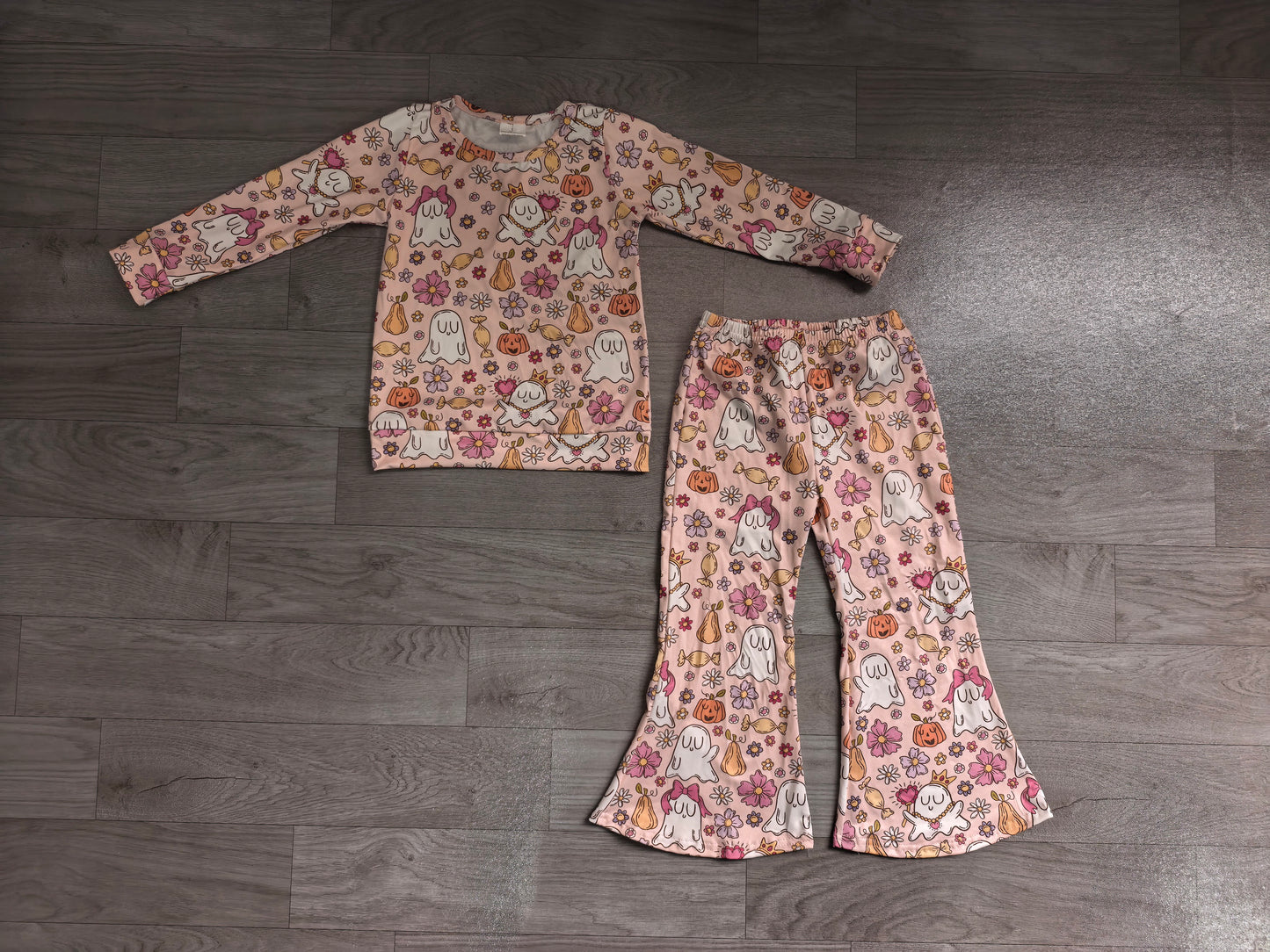 GLP3400 Sample No Moq Baby Girls Flowers Ghosts Shirt Top Flare Pant Halloween Clothes Sets