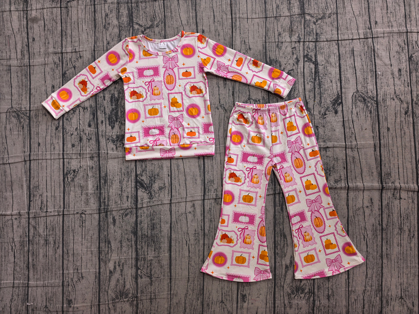 6.10 GLP3405 Sample No Moq Baby Girls Plaid Bow Pumpkin Long Sleeve Shirt Flare Pant Fall Holiday Clothes Set