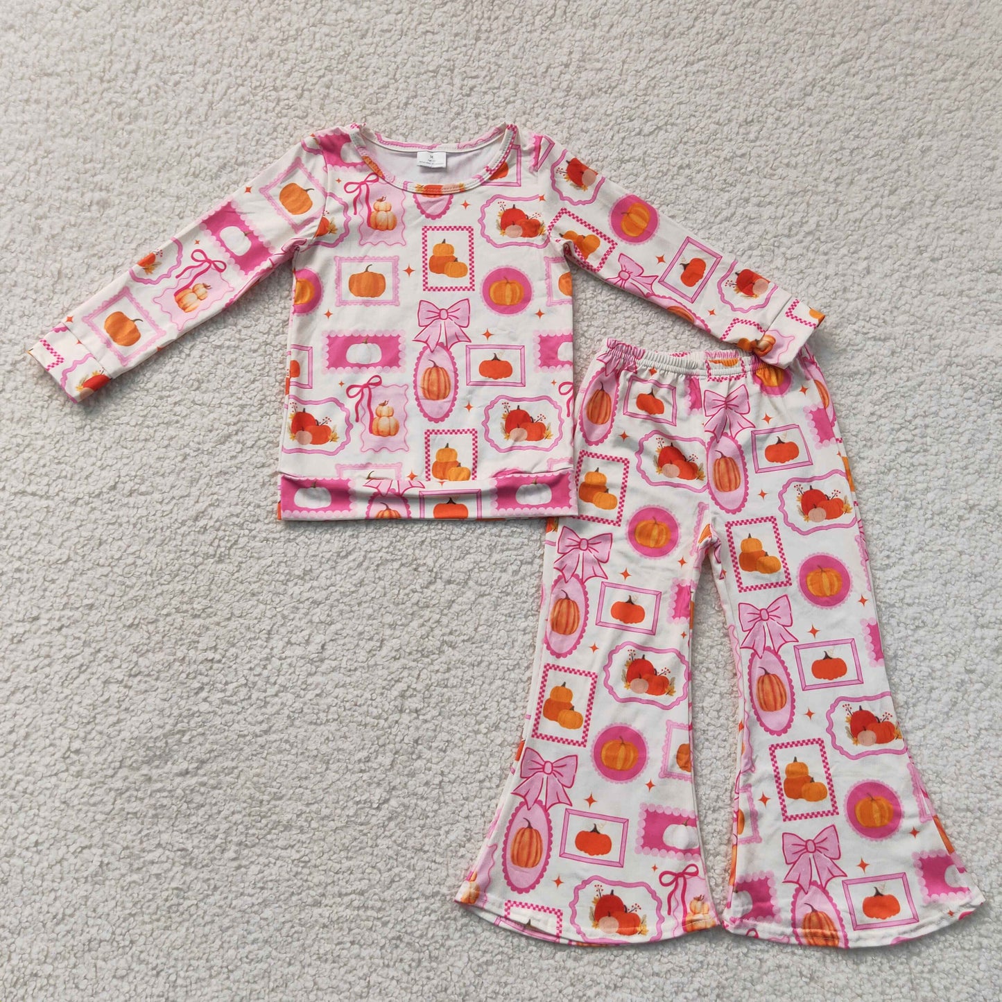 RTS NO MOQ Sibling milk silk Baby Girls Bows Pumpkins Checked Top Flare Pant Fall Clothes Sets